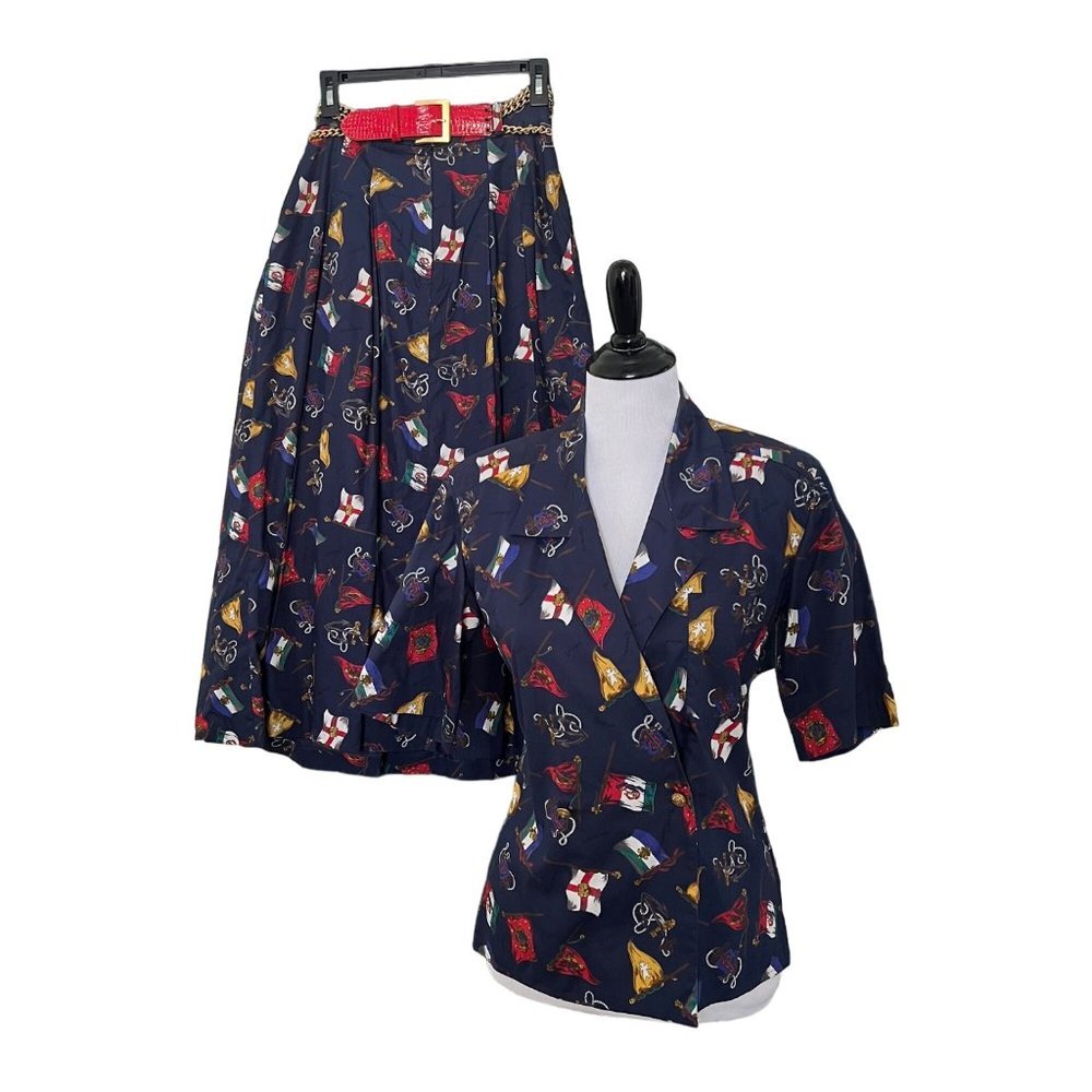Vintage 80s Neiman Marcus Nautical Two Piece Skirt and Top Set Mixed Sizes